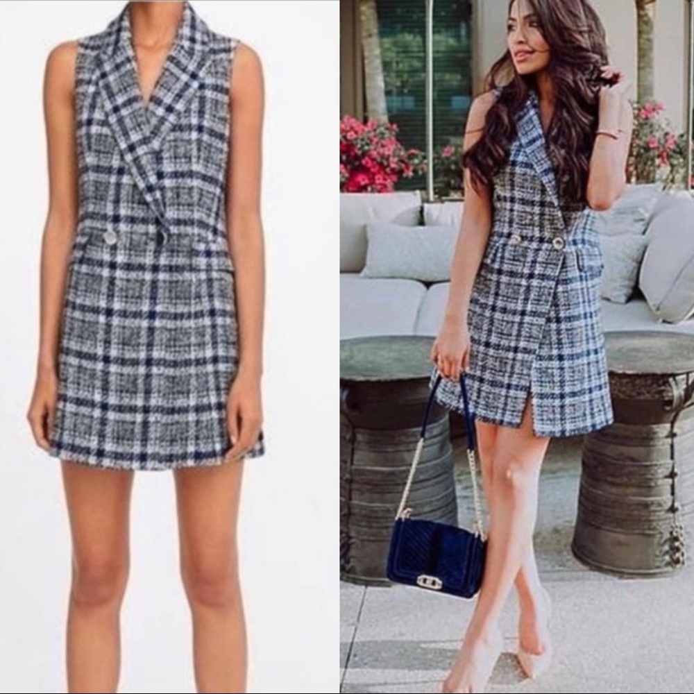 ZARA BLOGGER FAVE size M Blue Boucle Tweed Double Breasted Vest Mini Dress